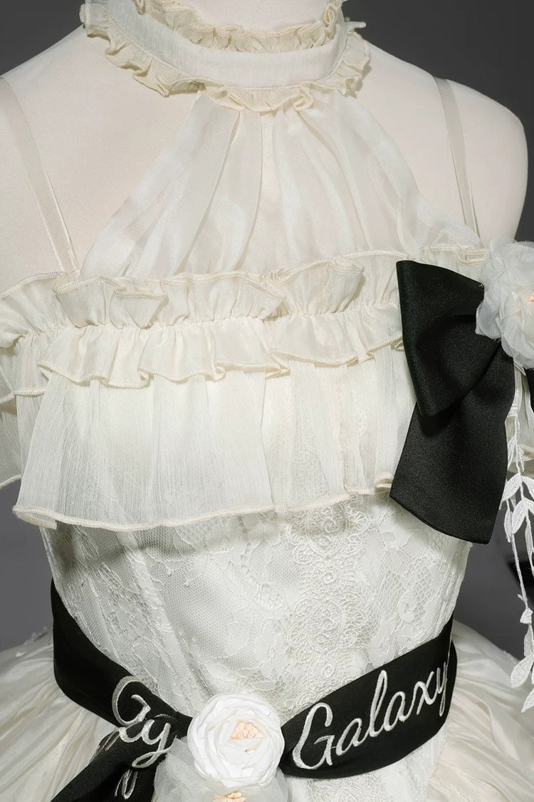 Ivory Halter Ruffled Embroidered Bow Classic JSK