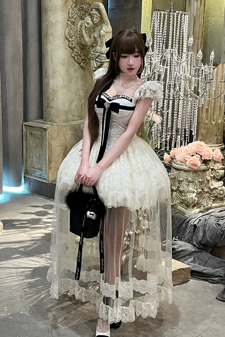 Cream Hepburn Heart Square Collar Sleeveless Multi-Layer Cut-Out Bow Lace Sweet Lolita JSK Dress