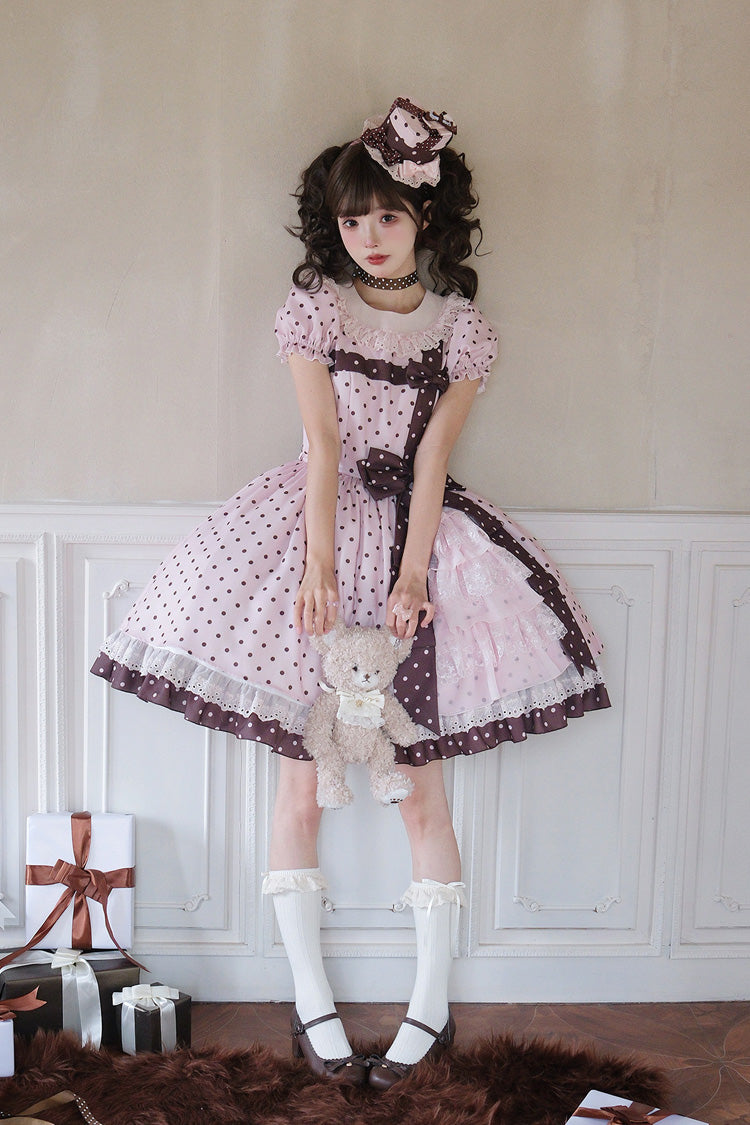 Canelé Gift Box Round Collar Short Sleeves Double-Layered Printed Polka Dot Ruffled Open-Front Bow Asymmetric Sweet Lolita Dress - Pink