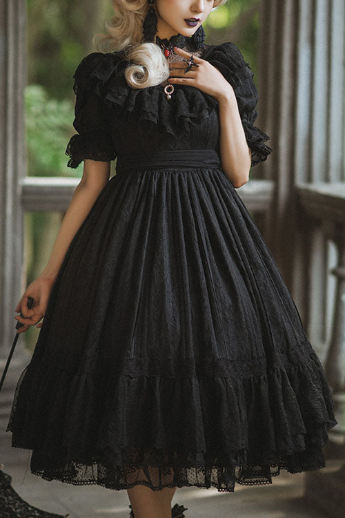 Rose Print Lolita OP Dress with Multi-Layer Ruffles, Sweet Style