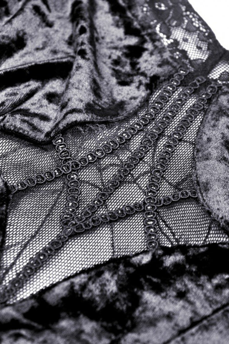 Onyx Velvet Gown with Puffed Sleeves and Asymmetric Lace Trim