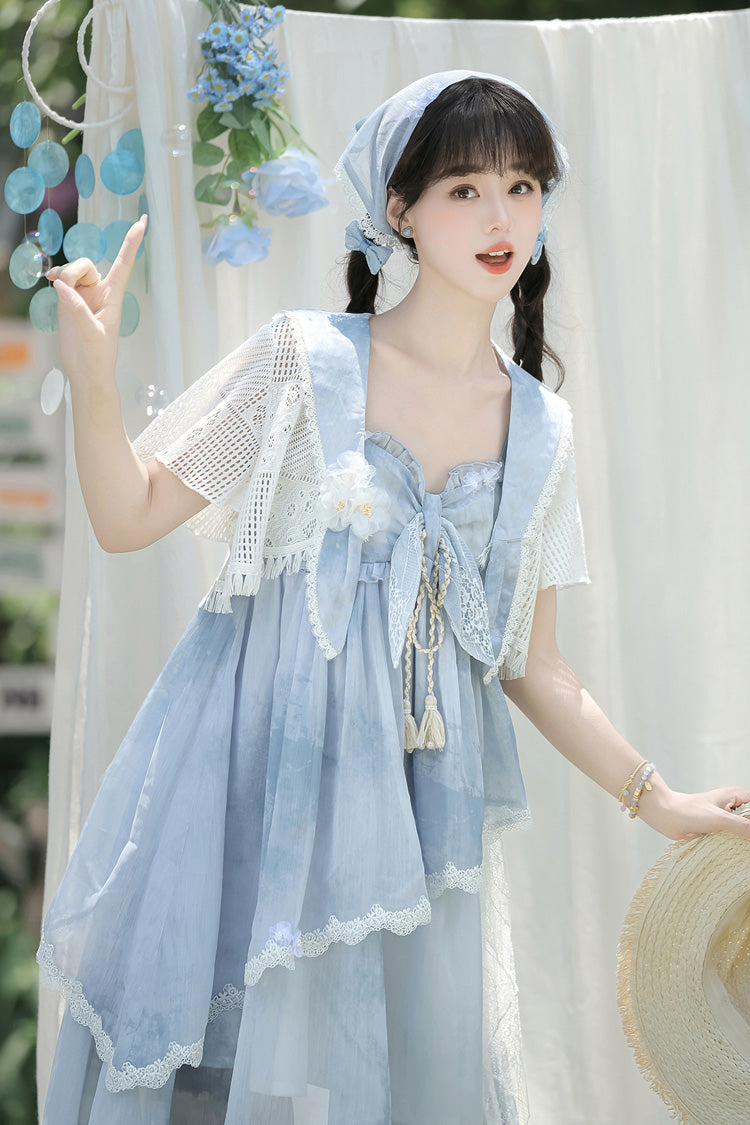 Print Ruffle Embroidery Bow Lace Irregular Lolita Jumper Dress - Blue