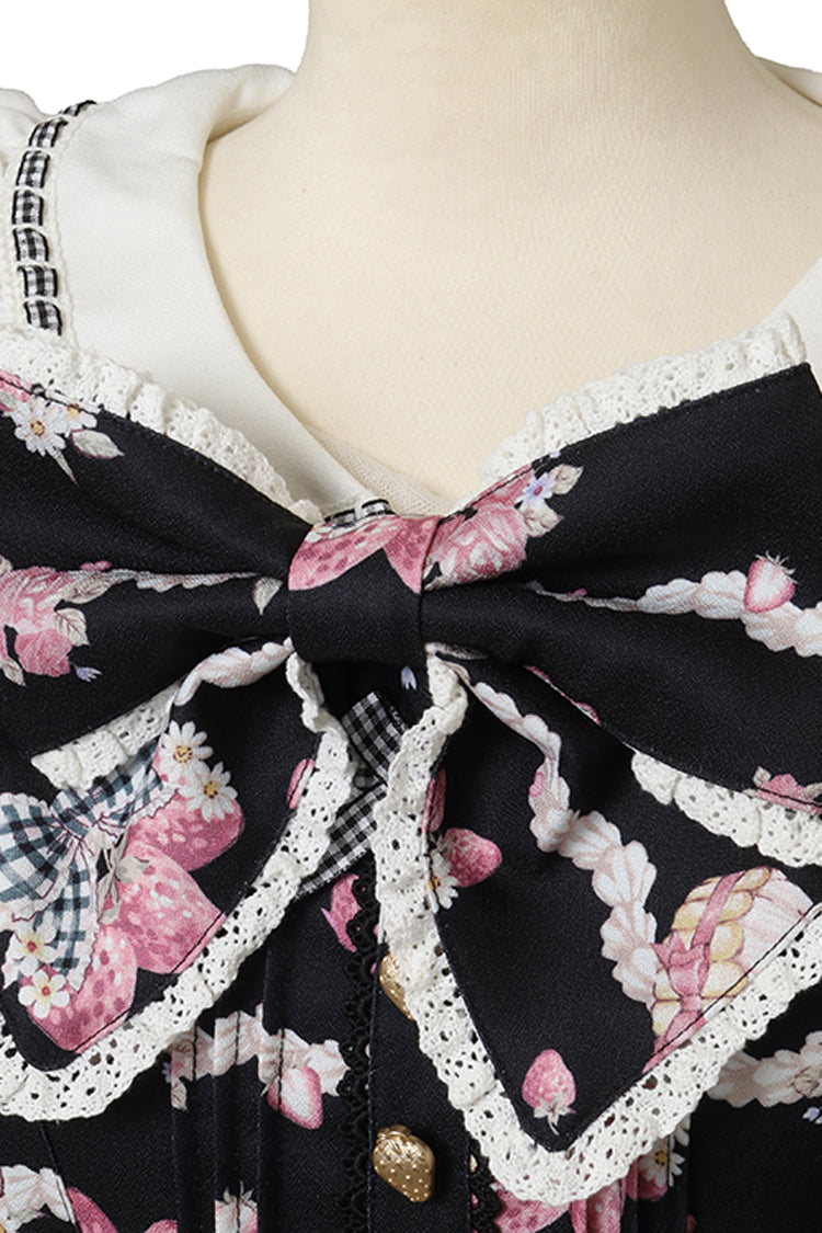 Charcoal Printed Puff-Sleeve Ruffled Lace-Up Sweet Dress - Creamy Berry