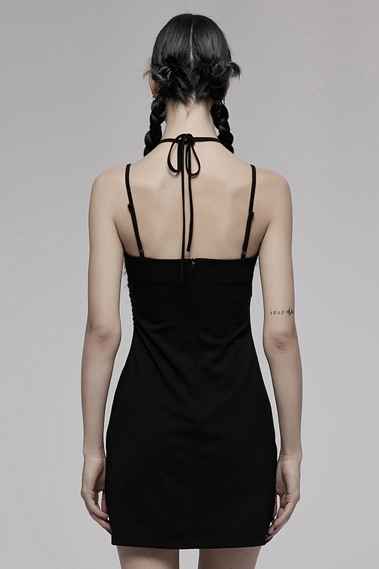 Black Knit Hollow Drawstring Bodycon Halter Punk Dress