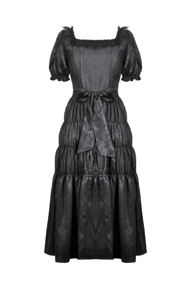 Square Collar Short Puff Sleeve Lace-Up Ruched Gothic Wedding Dress for Women Lace