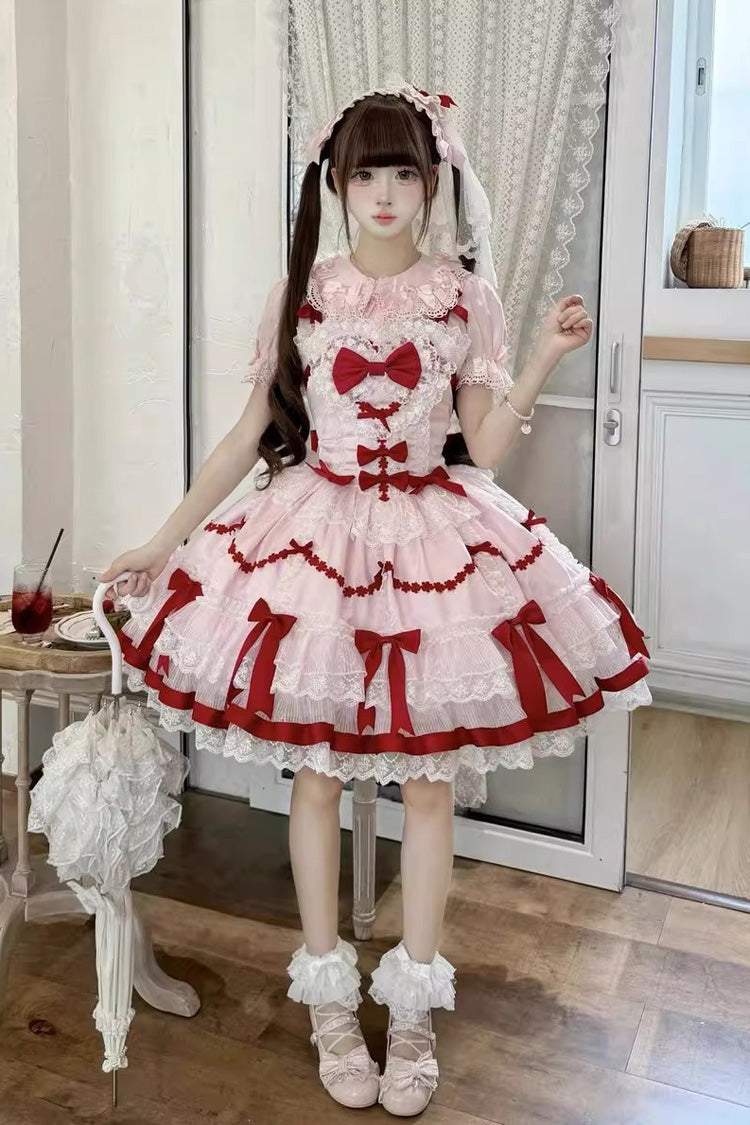 Red Pink Scarlet Heart Cocoa Sleeveless Triple-Layered Ruffle Embroidery Lace Sweet Lolita Jsk Dress