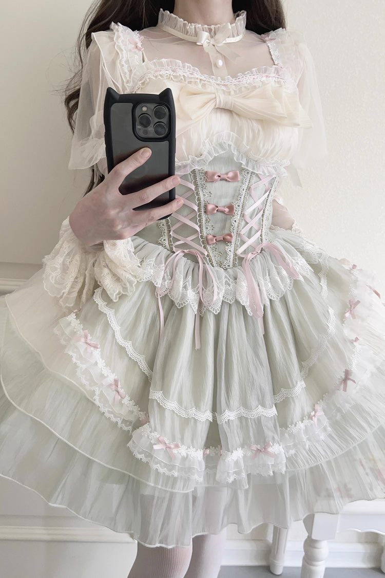 Green Camellia Bow Lace-Up Sweet JSK
