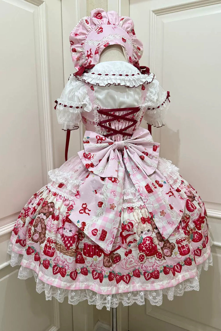 Red/Pink Sweet Lolita JSK Dress Printed Bow Lace Lace-Up - Sweet Berry Bunny Bear