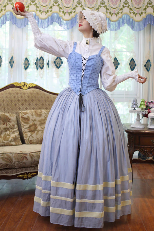 Light Blue Puffed Sleeve Corset Dress with Lace-Up and Fishbone Detail