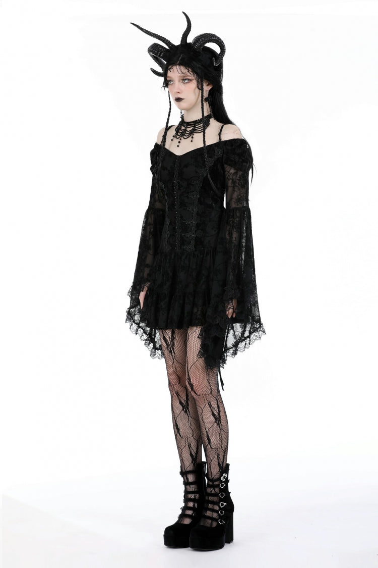 Off Shoulder Long Trumpet Sleeves Velvet Spliced Mesh Gothic Graduation Dress