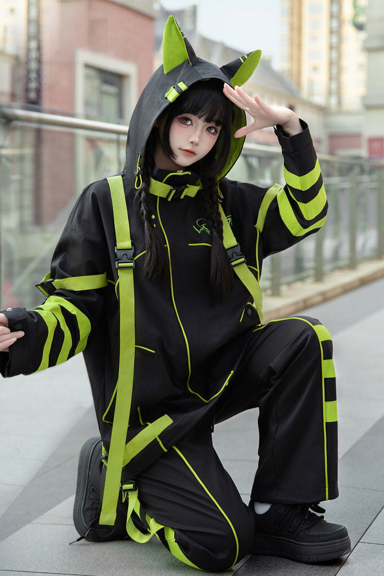 Yellow/Green/Black Long Sleeve Cat Ear Hooded Jirai Kei Coat