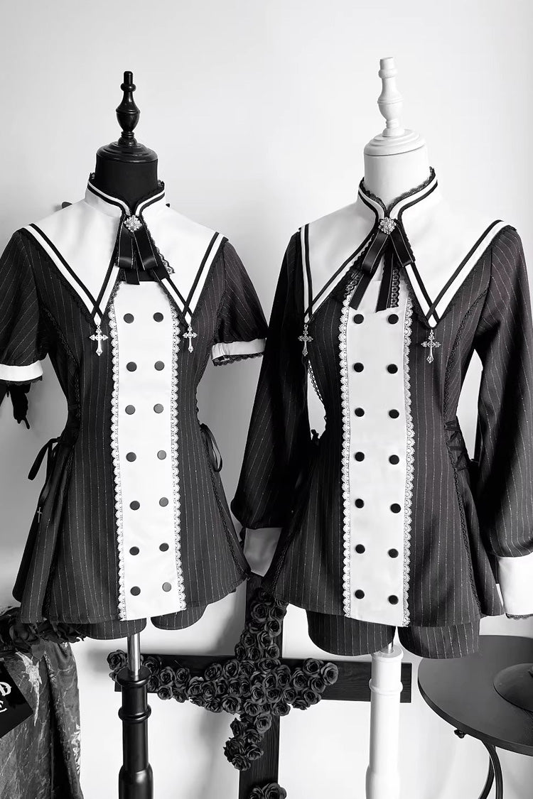 Offbeat Confession Printed Ruffled Bow Gothic Jirai Kei Dress Shorts Set