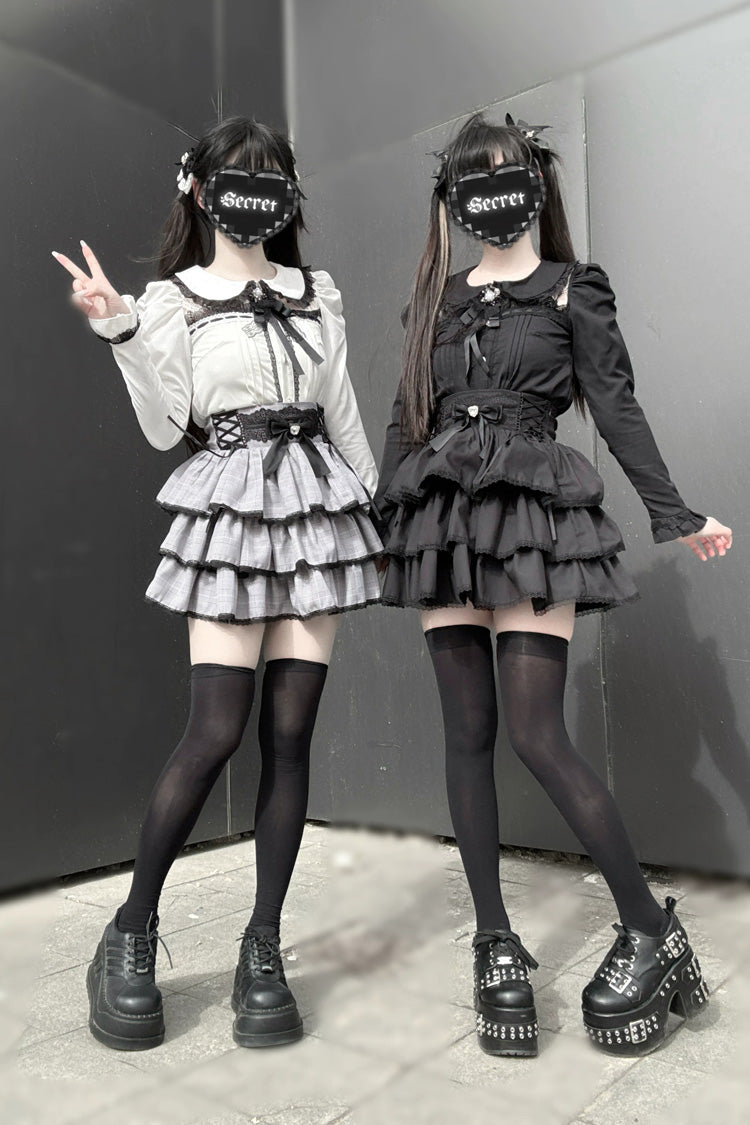 Doll Collar Triple Layered Ruffled Bow Lace Jirai Skirt and Blouse Set in Two Colors