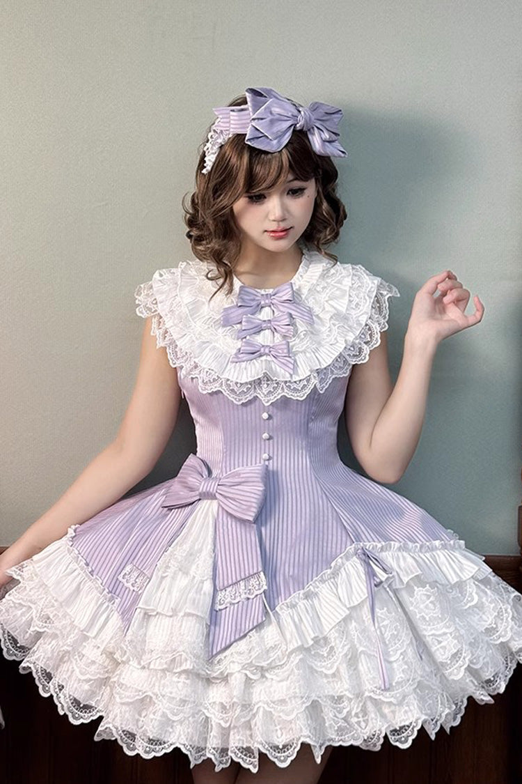 Violet Miss Tsundere Sleeveless Asymmetric Ruffled Bow Lace Princess Dress