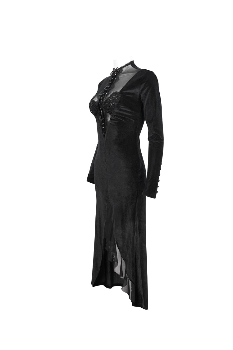 Stand Collar Paisley Lace Mesh Panel Asymmetric Hem Gothic Dress