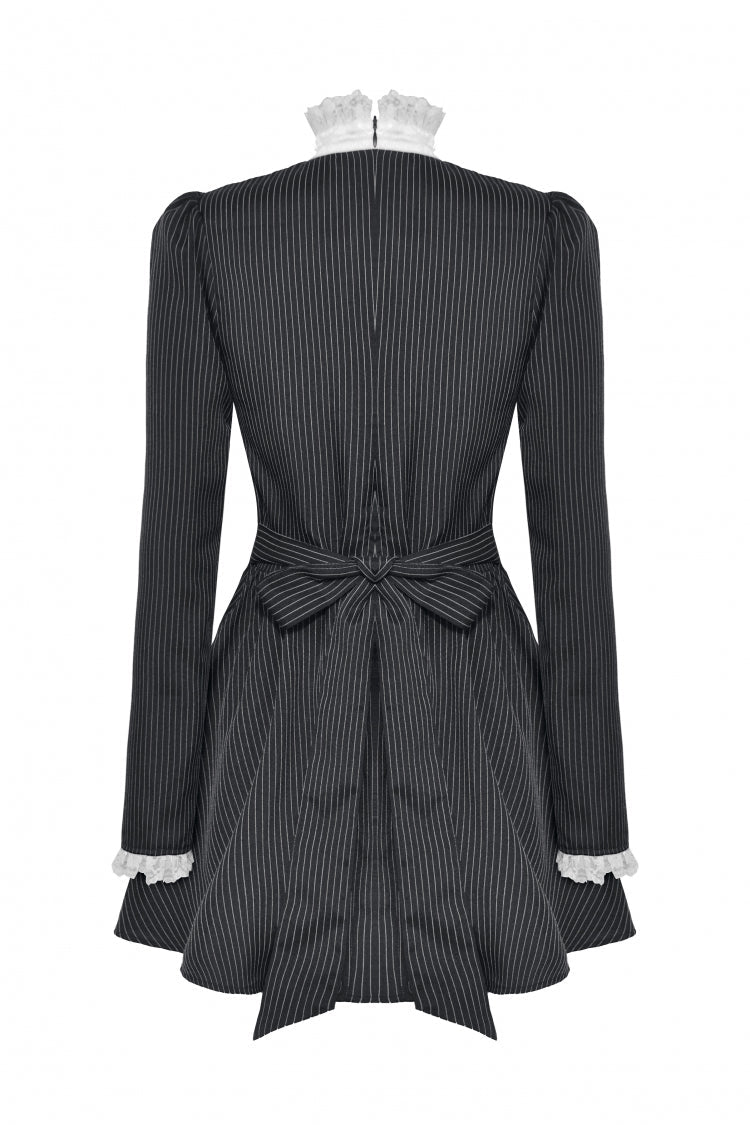 Black/White Striped Lace-Up Gothic Dress with Bow