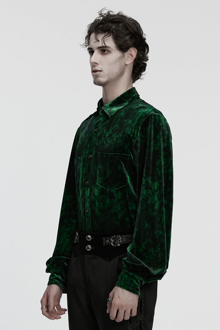 Emerald Men's Gothic Shirt with Puff Sleeves and Lapel Collar
