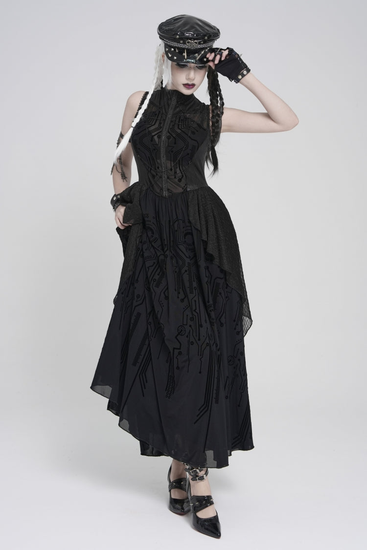 Stand Collar Sleeveless Multi-Layered Printed Sheer Punk Elegant Gorgeous Dress