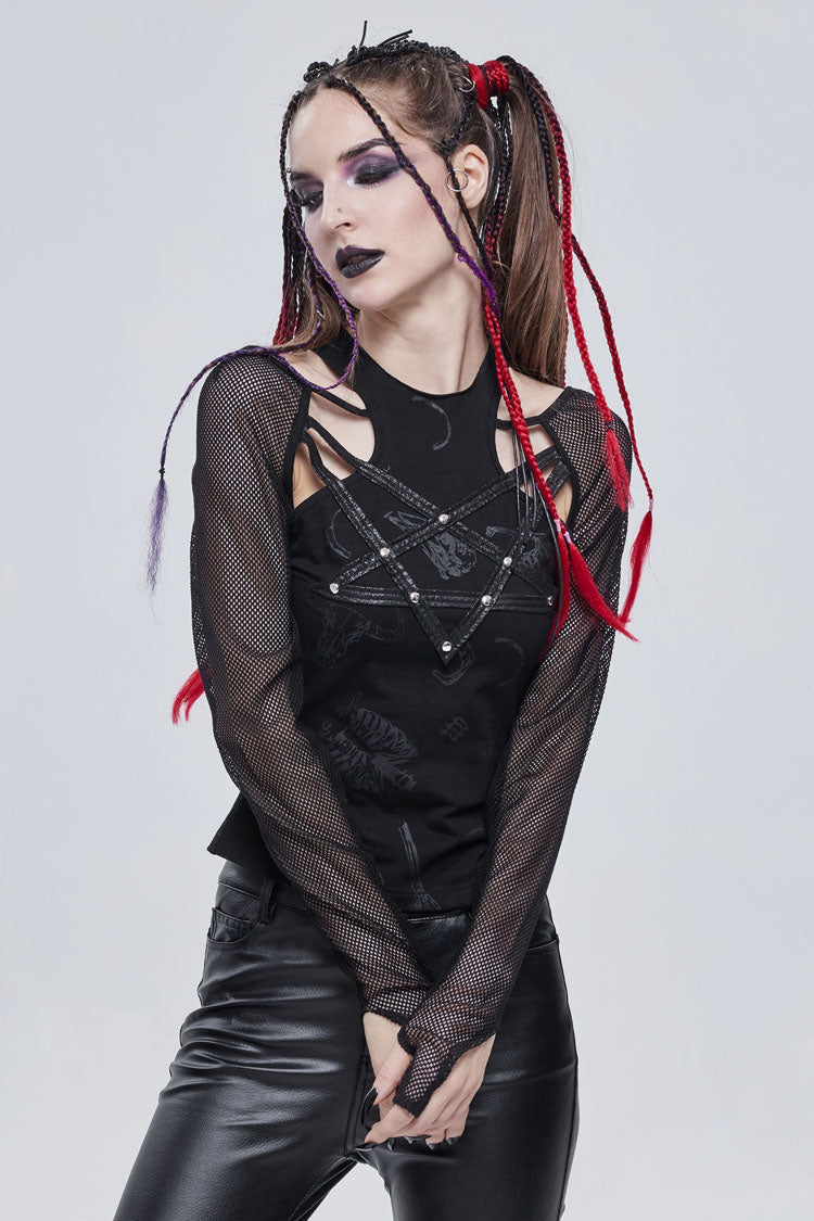 Occult Leather-Striped Long Sleeve Gothic Tee for Women
