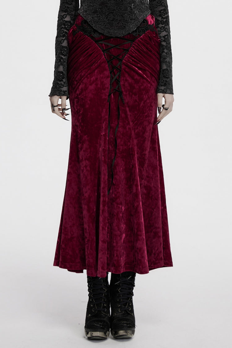 Crimson & Noir High-Waist Lace-Up Fishtail Skirt with Gothic Flair