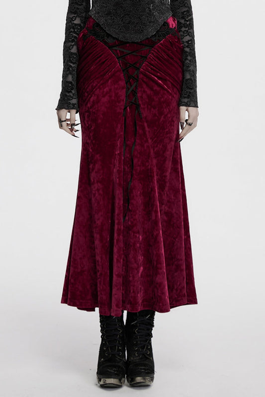 Crimson & Noir High-Waist Lace-Up Fishtail Skirt with Gothic Flair