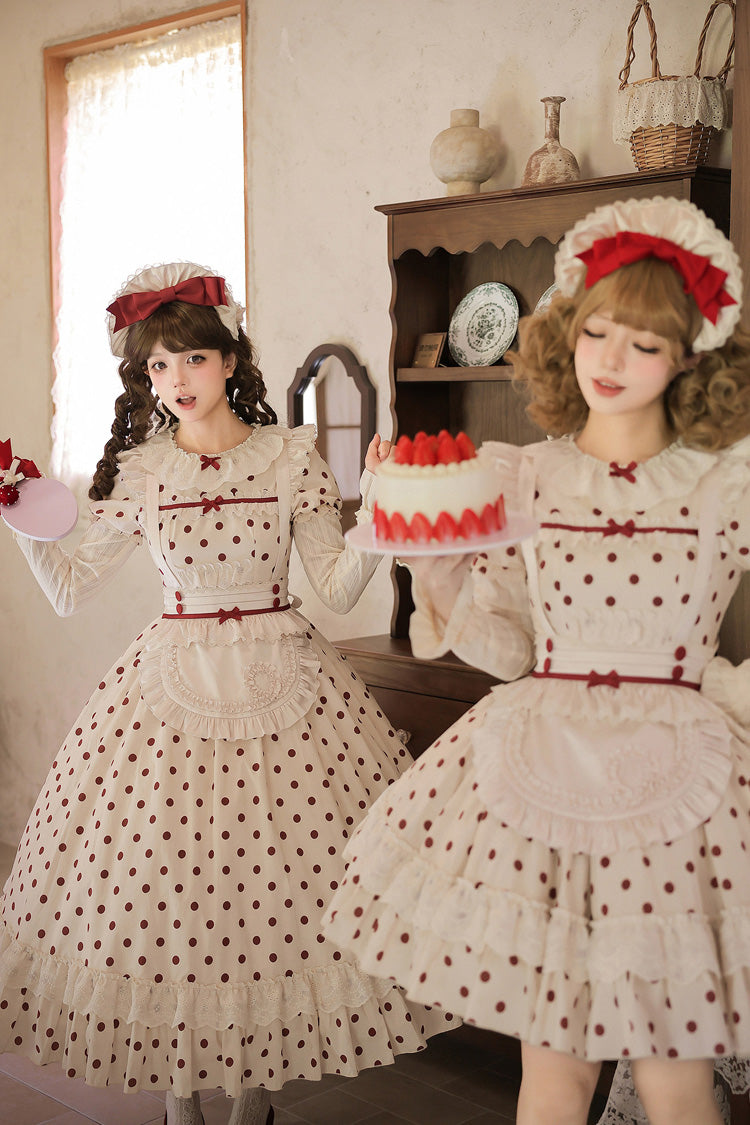 Apricot Sweet Elegant Lolita Dress with Cotton Round Collar Long Lantern Sleeves Polka Dot Print Ruffled Bow Lace