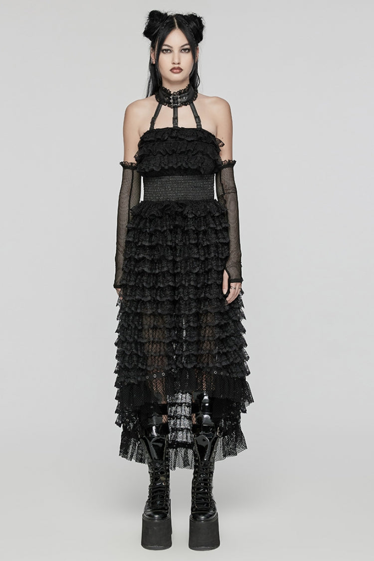 Soft Black Ruffle Lace Long Sleeve Halter Punk Dress