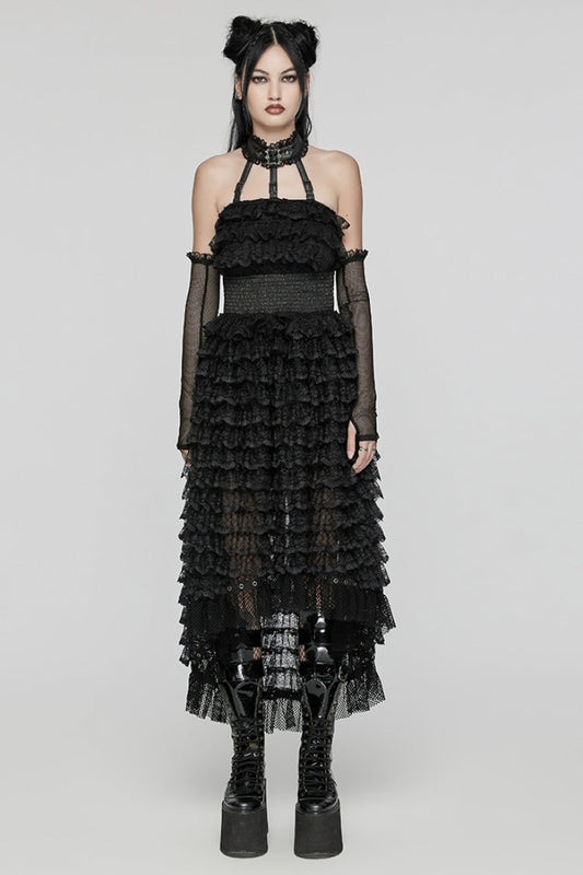 Soft Black Ruffle Lace Long Sleeve Halter Punk Dress