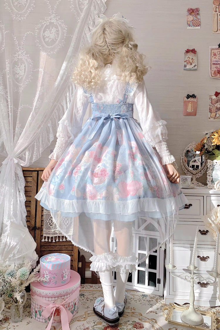 Azure High-Waist Rabbit-Print Sweet JSK with Ruffled Bow