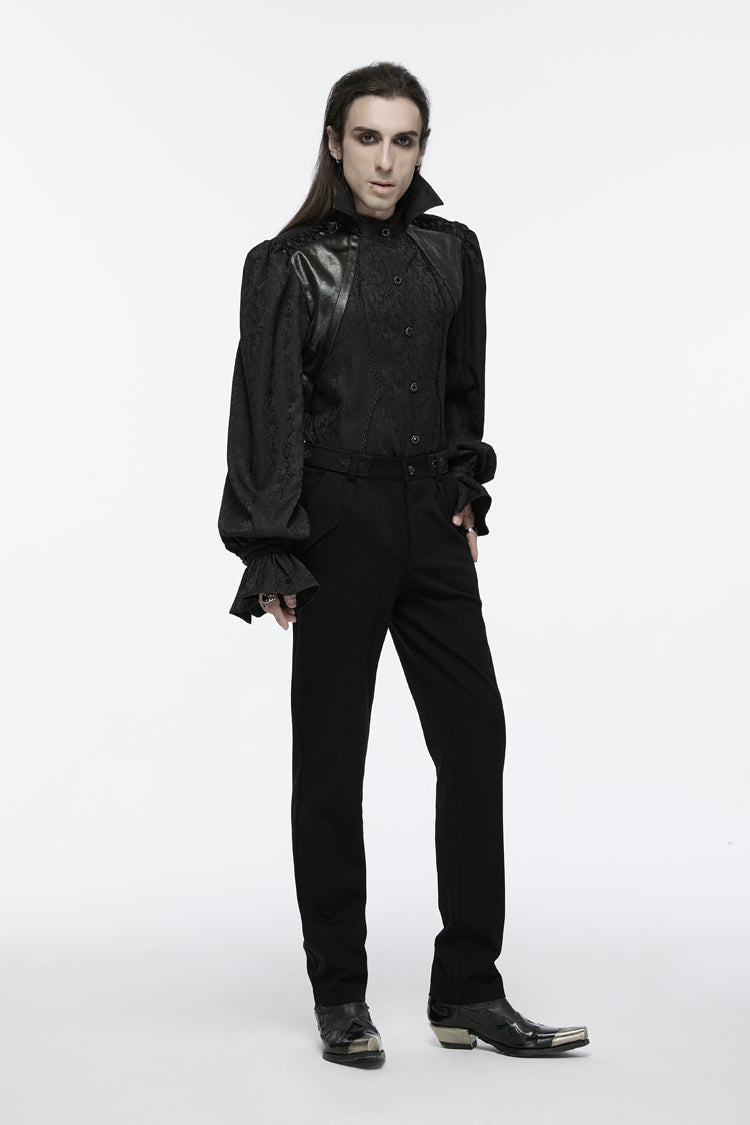 Jet-Black Gothic Blouse with Puffed Sleeves and Lace-Up Front for Men