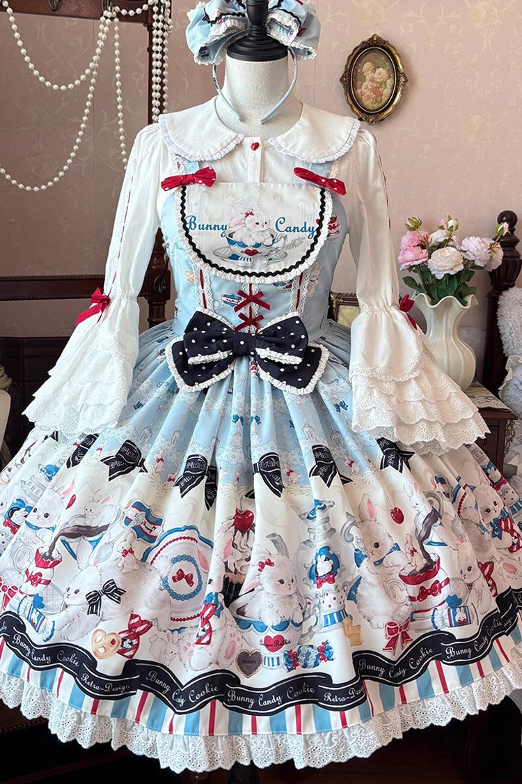 Sleeveless Print Ruffle Bowknot Lace Sweet Lolita Jsk Dress Blue