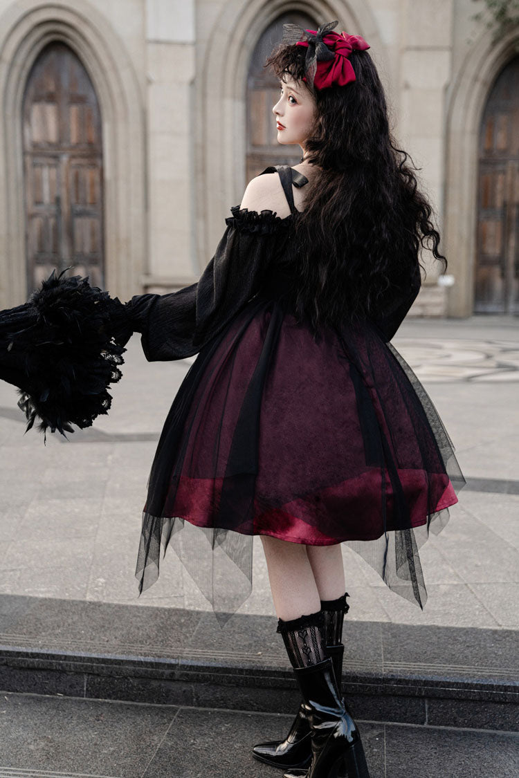 Black Boat Neck Gothic Lolita OP Dress Metal Chain Organza Stitching - Altfashion Shop