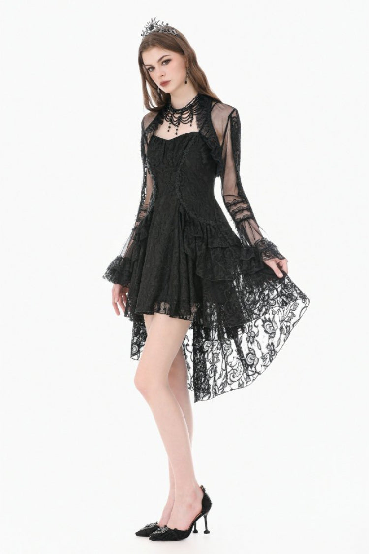 Gothic Sheer Mesh Black Lace High-Collar Flared Long-Sleeve Dramatic Cape