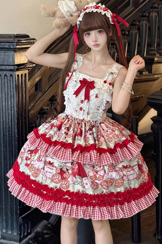 Sleeveless Double-Layered Print Ruffle Sweet Princess Lolita Jsk Red