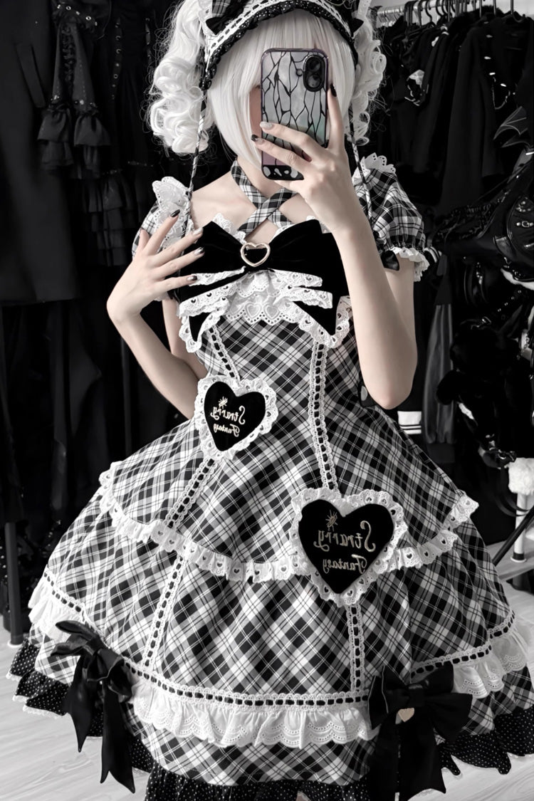 Sweet Lolita OP Dress with Plaid Print and Ruffle Bow Knot