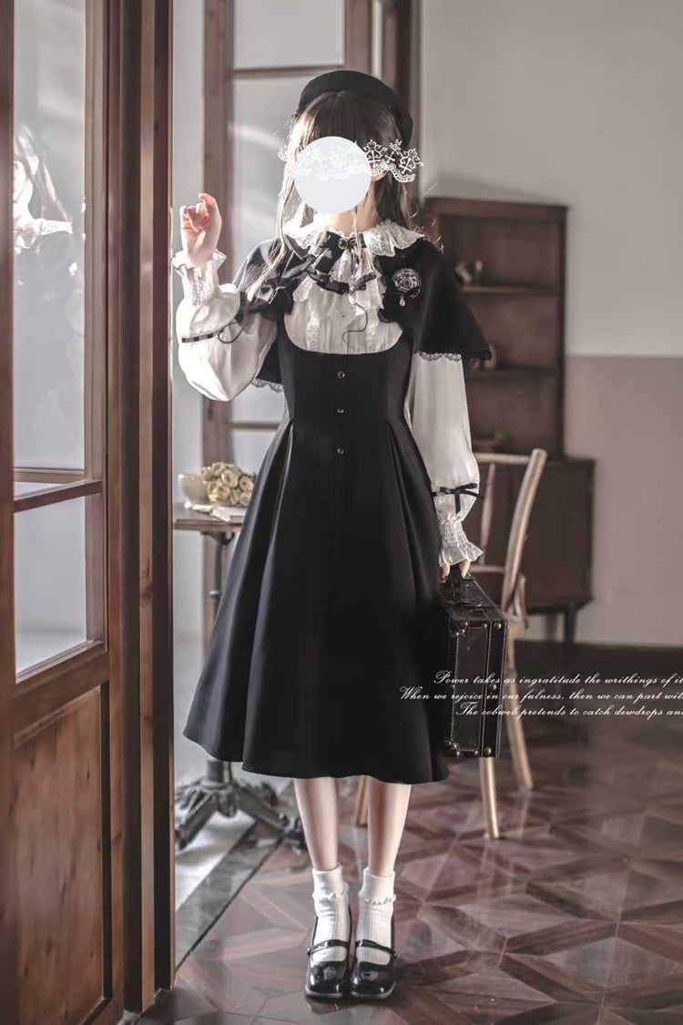 Black/White Sunset Academy Long Sleeves Ruffled Bow Fake Two Pieces Vintage Collegiate Elegant Lolita Gown