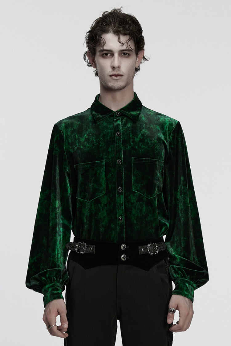 Emerald Men's Gothic Shirt with Puff Sleeves and Lapel Collar