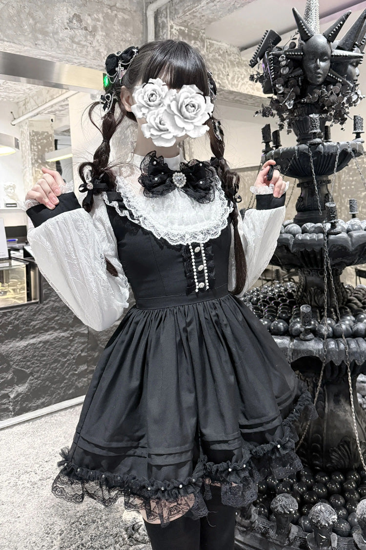 Black/White Thorn Doll Long Sleeves Ruffled Bow Pearl-Decorated Gothic Jirai Kei Gown