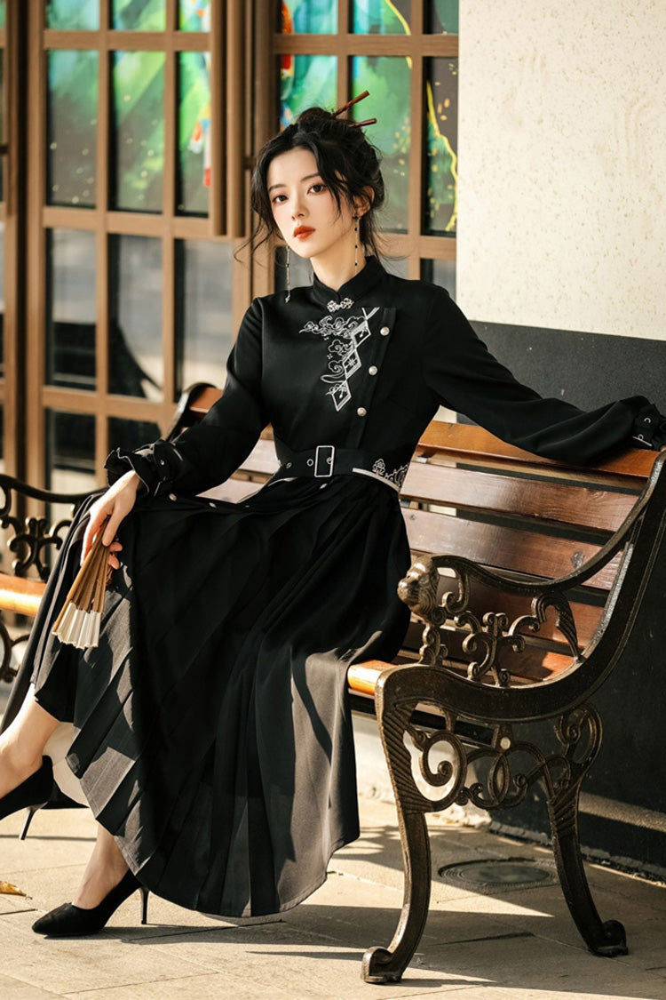 Chinese Style Hanfu Dress with Print and Single Breasted Front