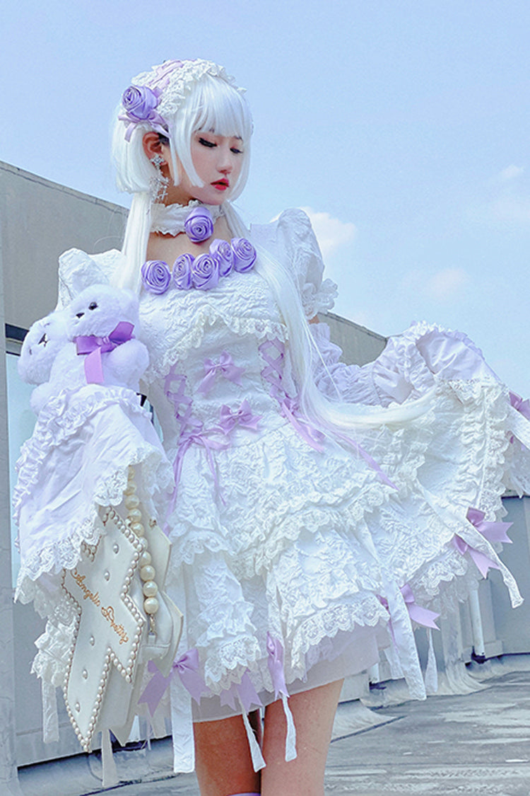 Ivory and Purple Puffed Short Sleeve Princess Gothic Lolita Tiered Dress
