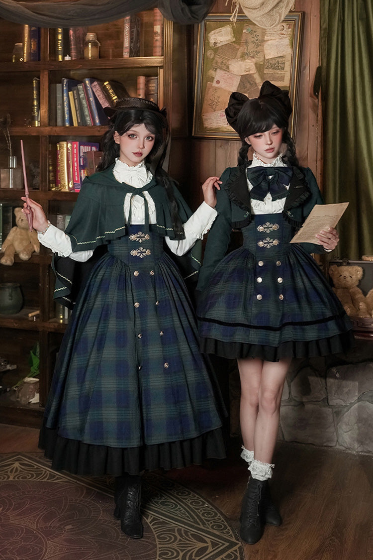 Blue Green Berlin Letter Double-Layered Plaid Print Ruffle Bowknot Classic College Style Lolita Strap Dress Set