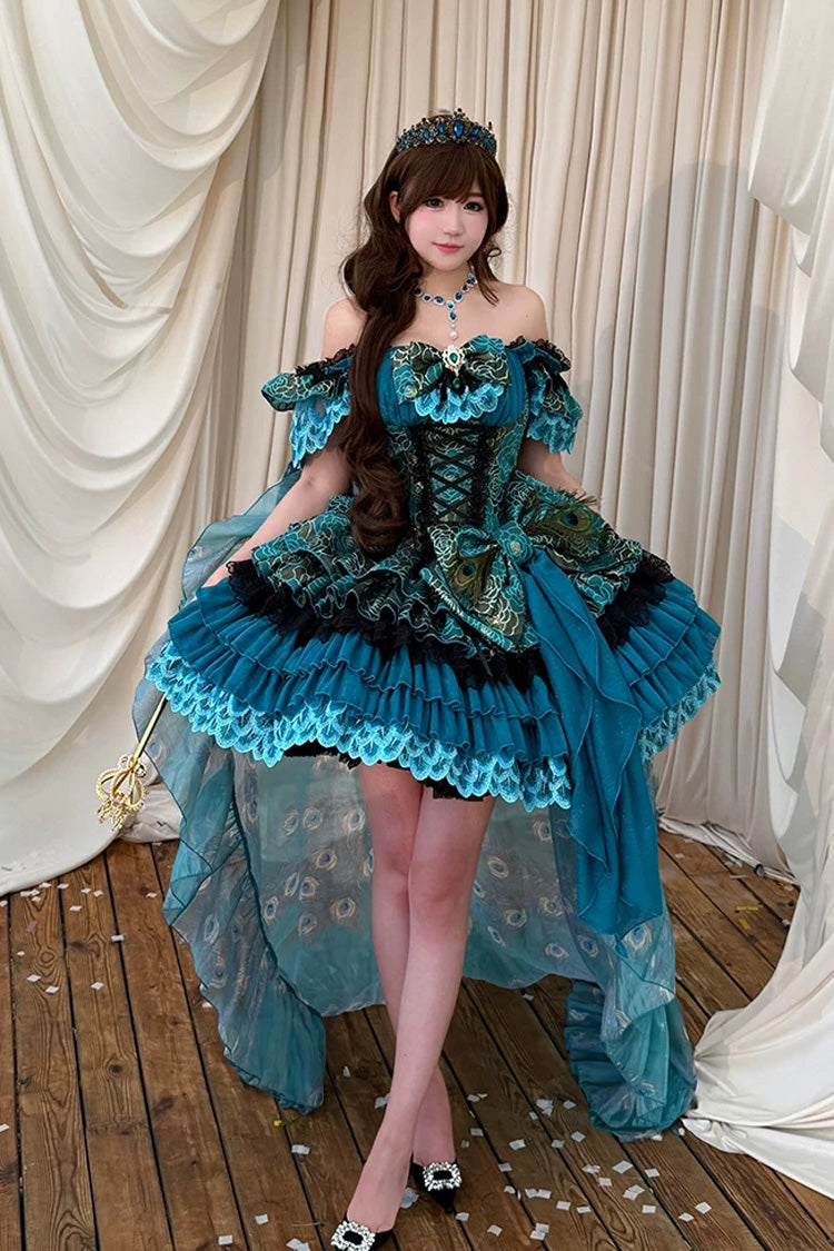 Peacock Sleeveless Ruffled Bow Lace-Up Elegant Lolita JSK - Blue/Green