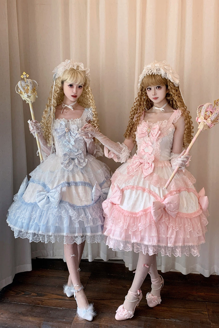 Ivory & Pink Square Collar Multi-Layer Ruffled Bow Lace Sweet Lolita JSK