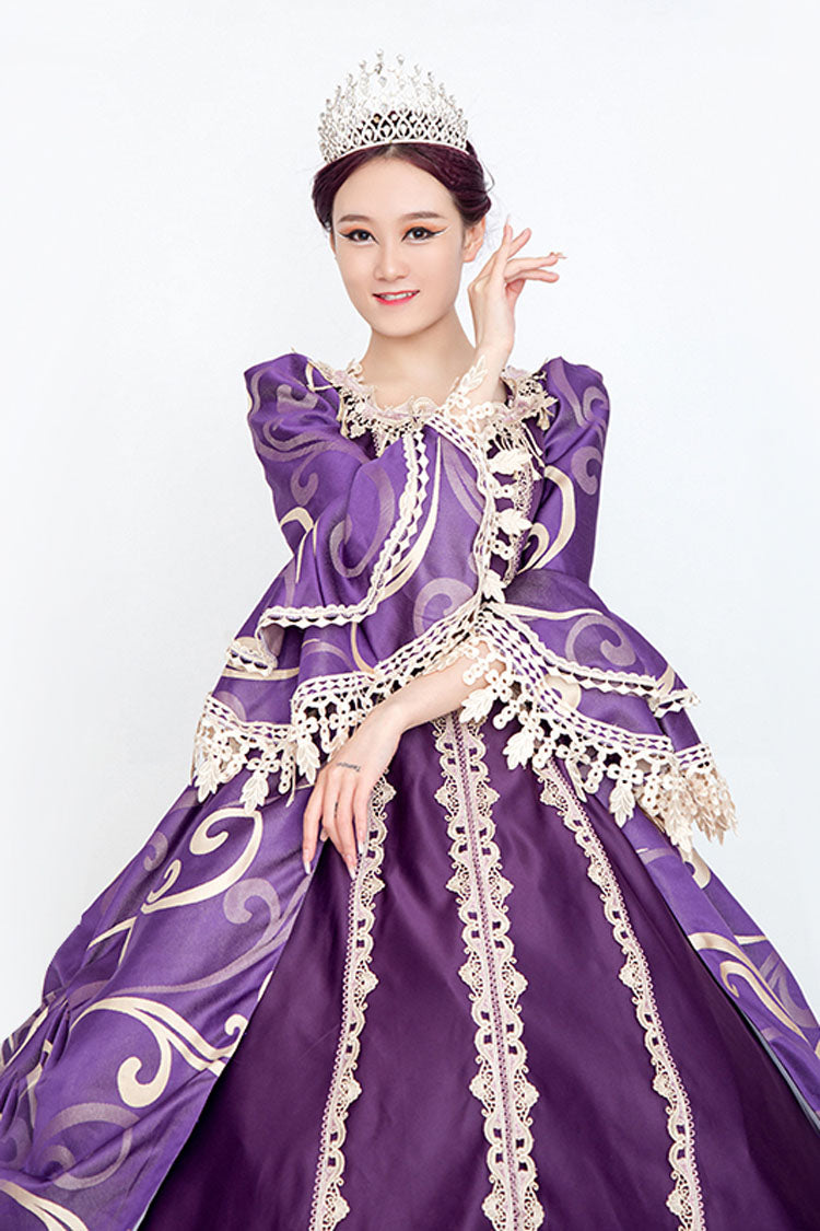 Violet Puffed-Sleeve High-Rise Floral Print Antique Gown