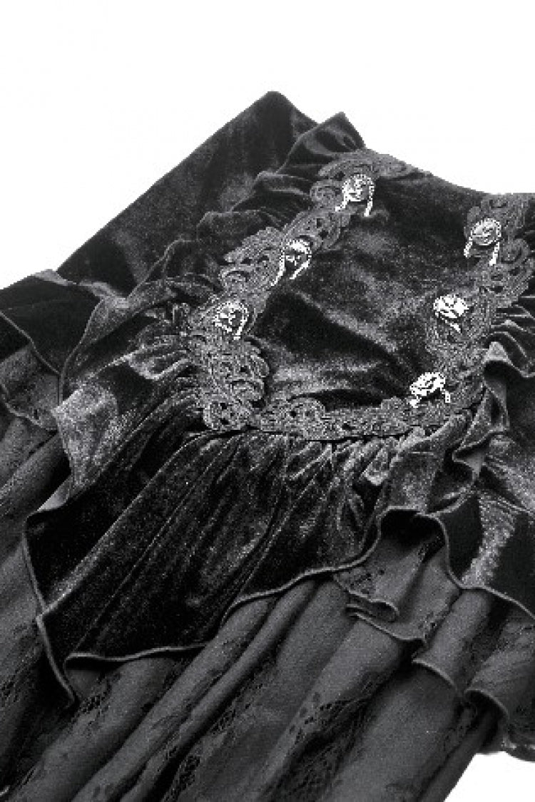 Gothic Velvet Long Skirt with Lace and Lace-Up, Black