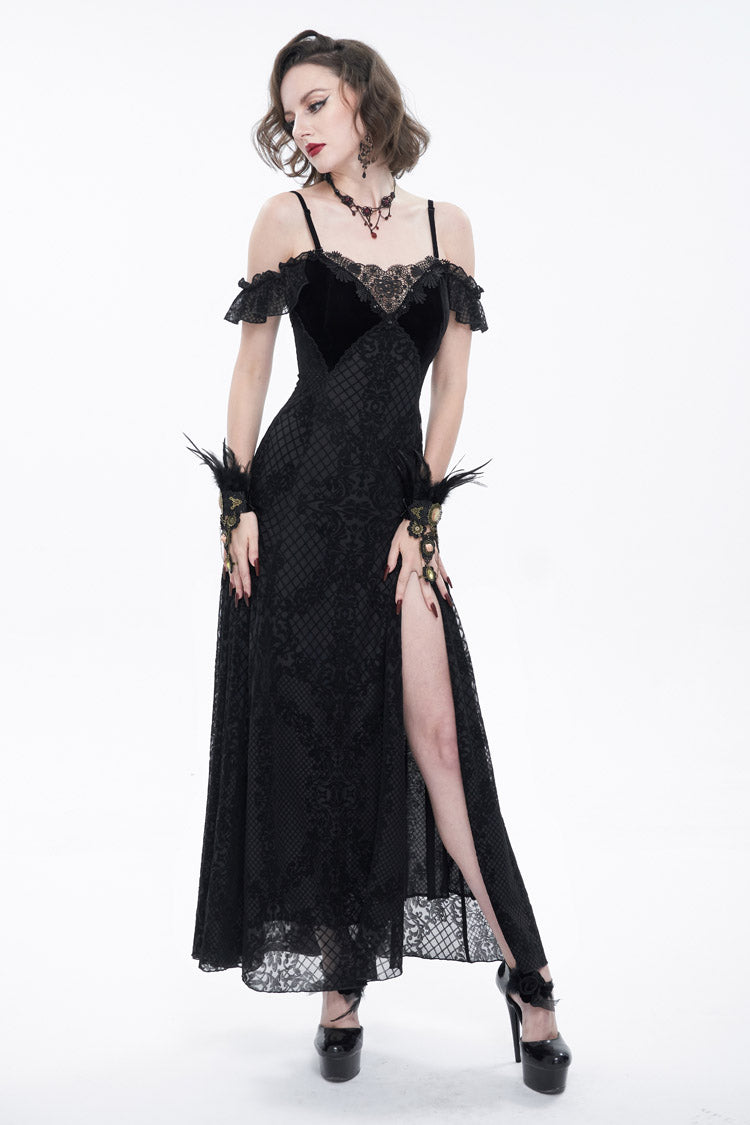 Raven Velvet Off-Shoulder Lace Gothic Dress with Ruffled Hem