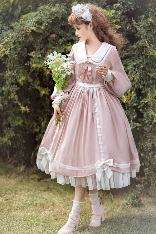 High Waist Sweet Lolita OP Dress with Doll Collar and Lantern Sleeves