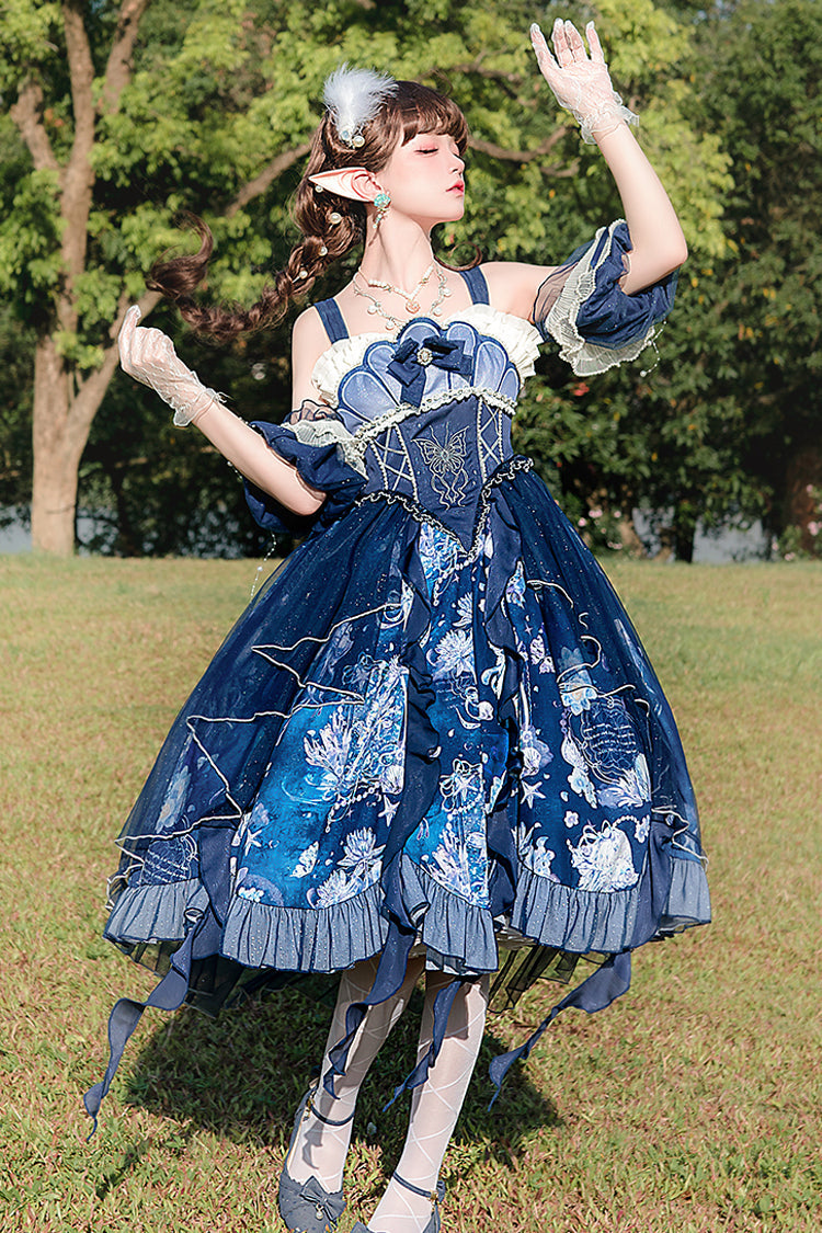 Blue Print Ruffle Lace Sweet Elegant Lolita Jsk Dress
