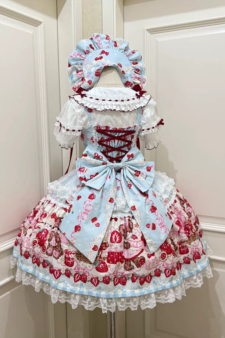 Red/Blue Sweet Lolita JSK Dress Printed Bow Lace Lace-Up - Sweet Berry Bunny Bear