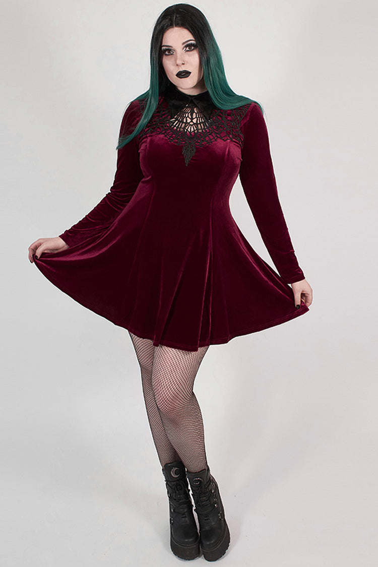 Velvet Front Chest Hollow-Out Decals Back Lace-Up Long Sleeve Plus Size Gothic Dress